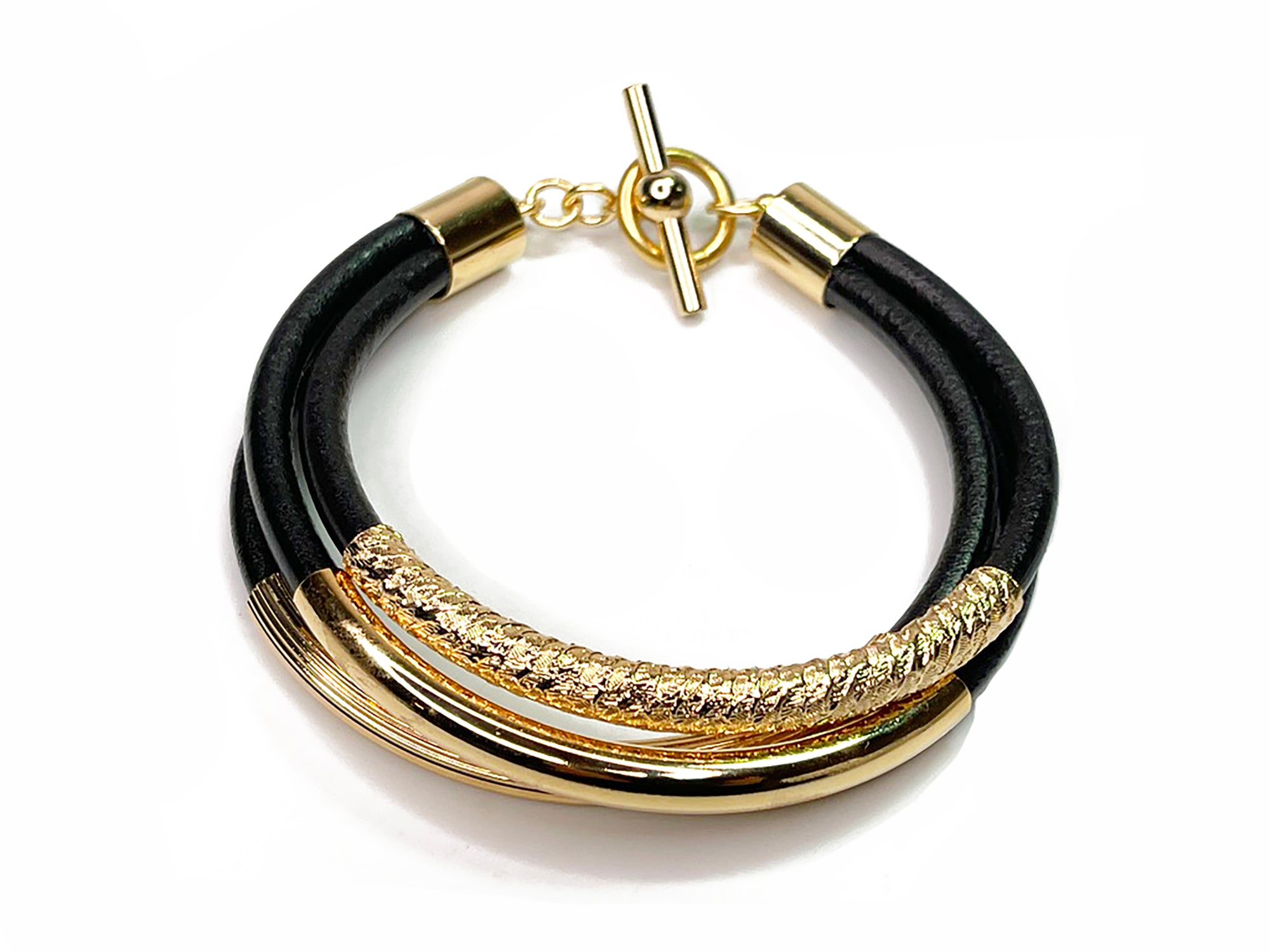 Leather Three-Strand Bracelet with GOLD Textured Tubes