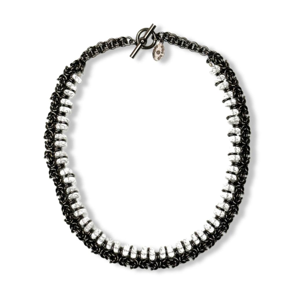 Gun Metal Byzantine Chain Necklace with Crystal Rondelles