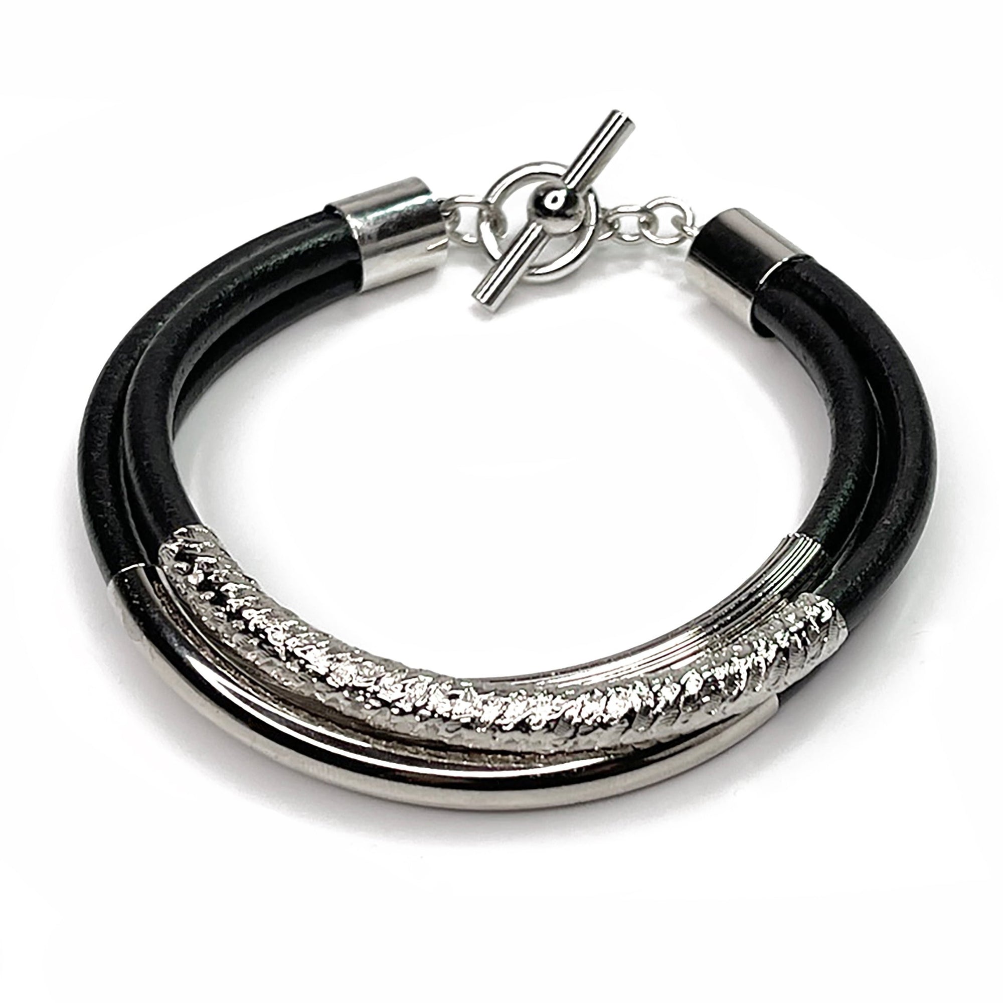 Black Leather Three-Strand Bracelet with Silver Textured Tubes