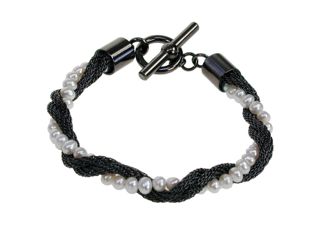 Mesh & Pearl Twist Bracelet Black Nickel | White / 7 Inches