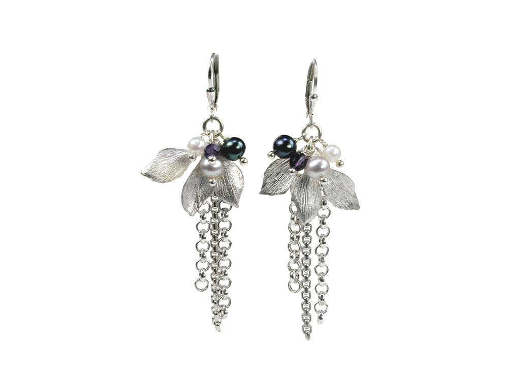 Pearl Earrings with Sterling Leaf and Chain Drop - Erica Zap Designs