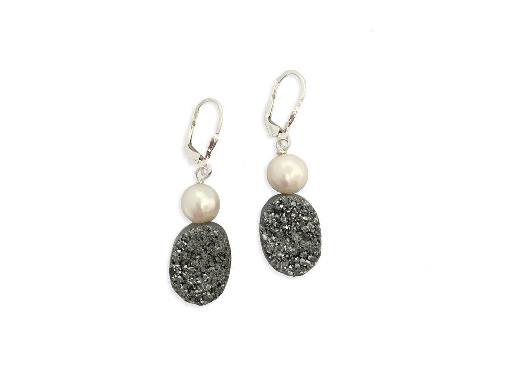 White Druzy Drop Earrings in Silver