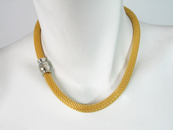 14K Yellow Gold Beaded Cage Mesh Necklace with Diamond Accent Clasp